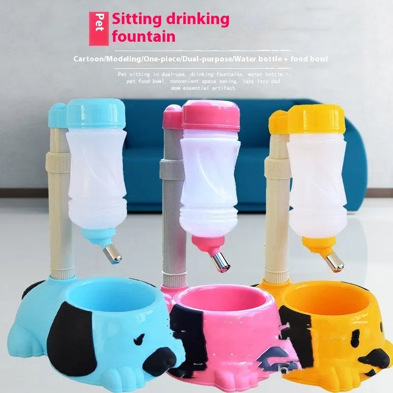 Adjustable height pet drinking bowl in blue plastic with rod lift mechanism