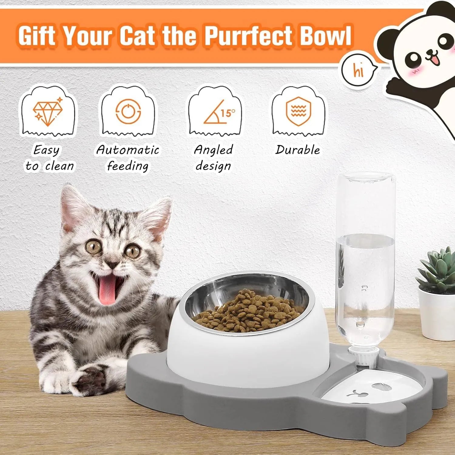 Grey and green panda-shaped automatic pet feeder with tilted stainless steel bowls and water bottle.