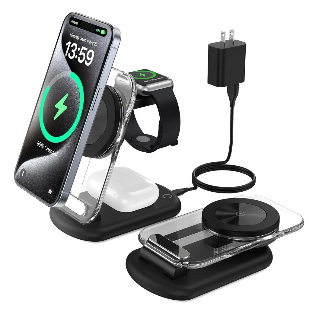 Transparent folding magnetic three-in-one wireless charger for iPhone, AirPods, and Apple Watch