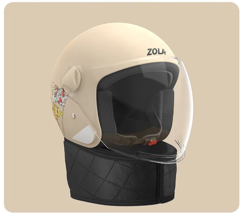 Blue winter electric bicycle helmet with anti-fog visor and attached neck scarf.
