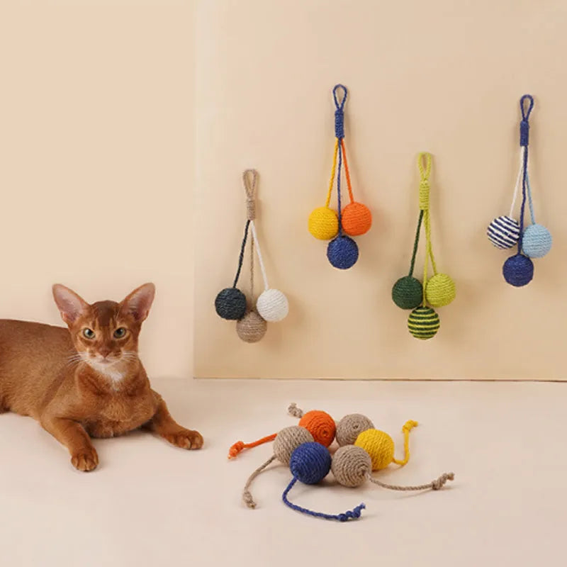 Set of three cat toys: a teaser stick, a catnip ball, and a self-play wand on a blue background.