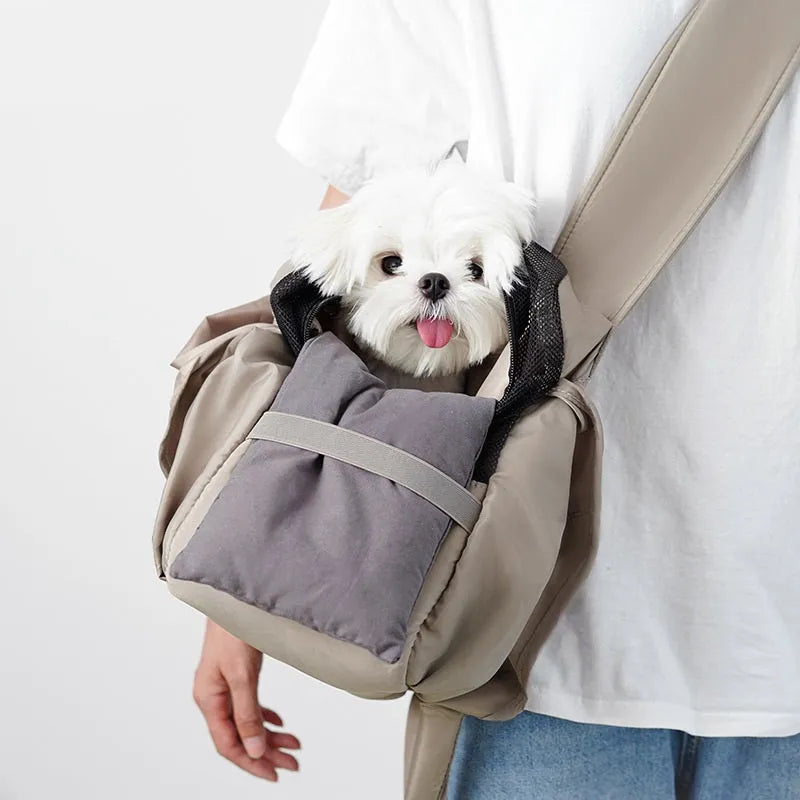 Apricot cloth pet handbag measuring 41x16x28cm with carry handles for outdoor summer use