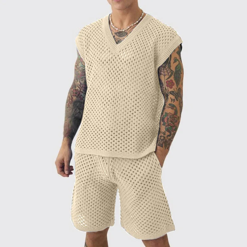 Men's blue V-neck vest and shorts sports suit for summer athletic wear