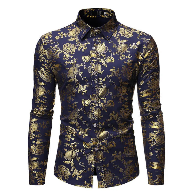Men's metal bronzing printed lapel casual shirt in polyester fabric available in multiple colours