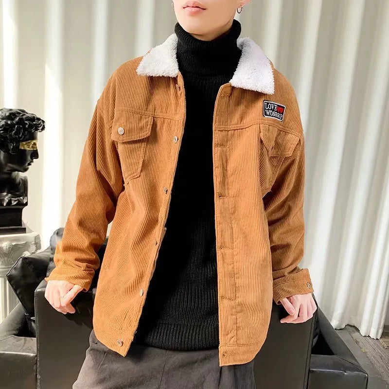 Men's corduroy workwear jacket in loose-fit design with size stick pockets, shown in khaki colour option