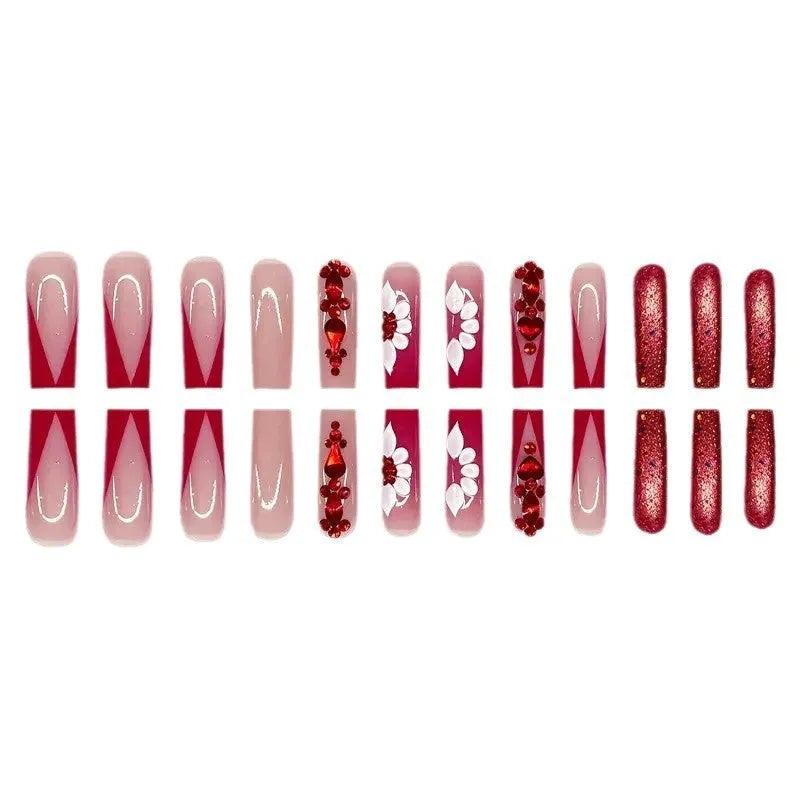 Sweet Flowers pattern false nails with red diamonds in long European Square style
