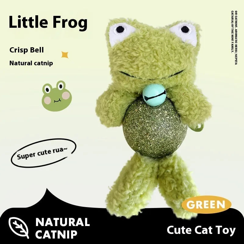Brown bear plush cat toy with a bell, next to a mint ball, showing its 15cm height.