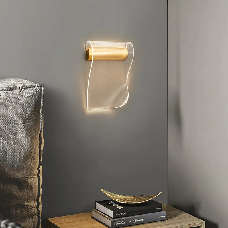 Iron wall lamp with acrylic shade available in left or right bend styles for bedroom and living room lighting