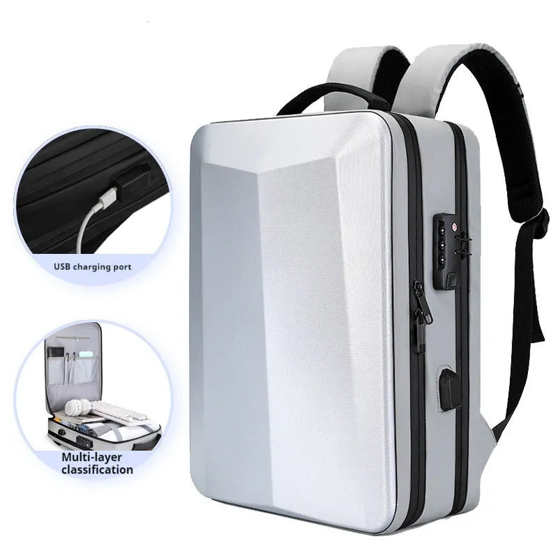 Black waterproof business backpack with curved shoulder straps and splicing design elements
