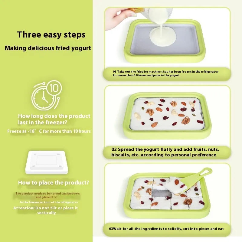 Children's hand-operated DIY fried ice and yogurt machine in green colour with aluminium construction
