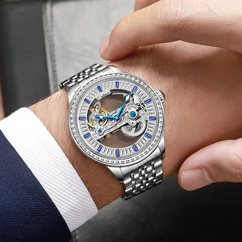 Men's rose gold stainless steel mechanical watch with transparent case back on wrist