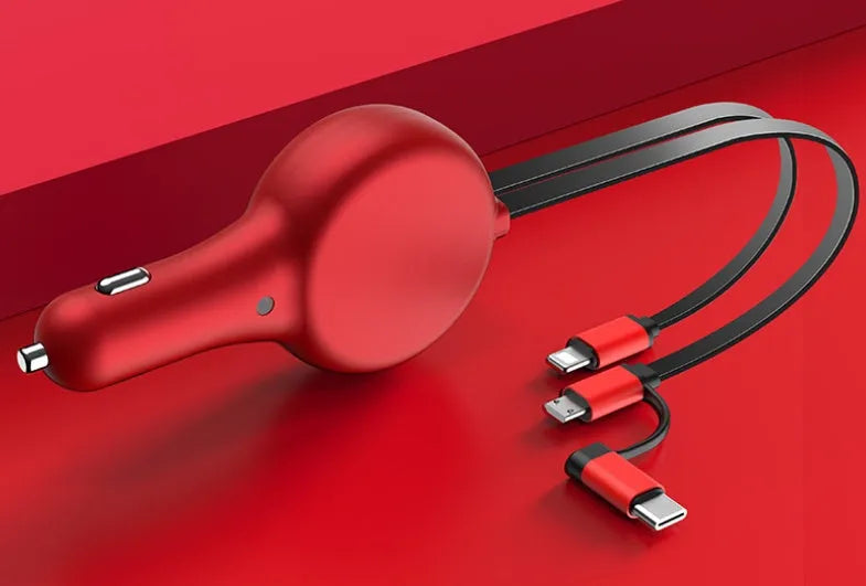 Black retractable car charger showing Type-C and iPhone charging ports with retracted cables