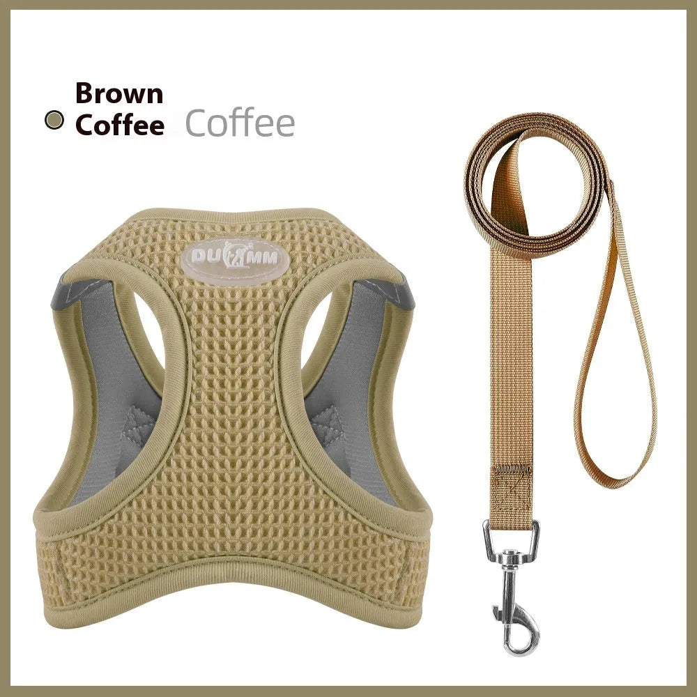 Waffle texture cloth cat harness chest strap in brown, shown in size medium on a mannequin.