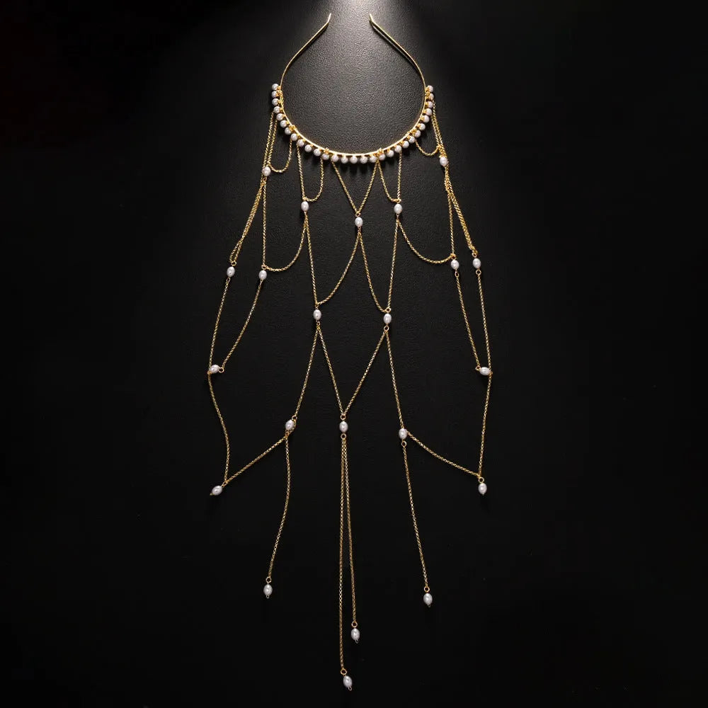 Mesh tassel hair chain accessory in gold or silver with pearl elements for women