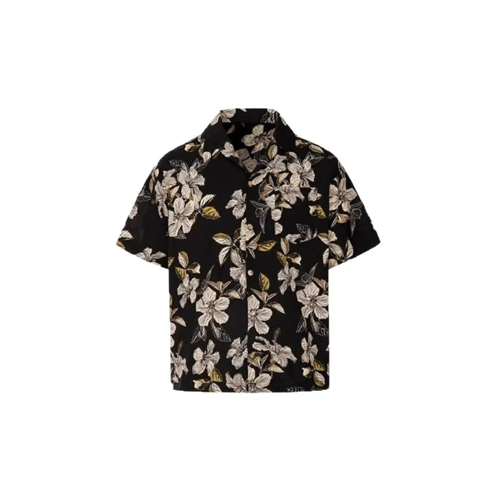 Black vintage Cuban collar ice silk shirt with flower print and short sleeves.