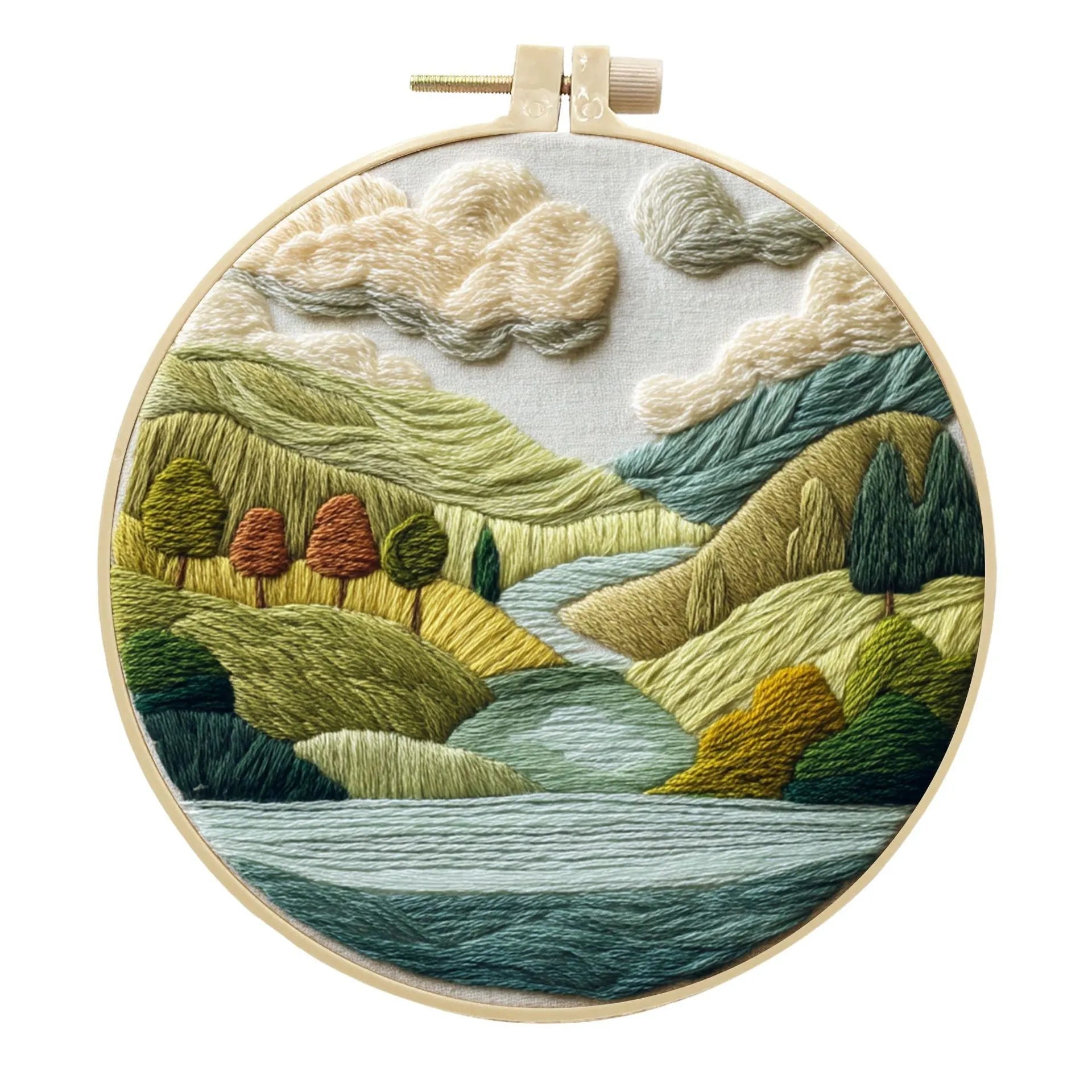 Embroidery kit with cotton fabric, bamboo frame, threads, and printed landscape design for DIY textile art