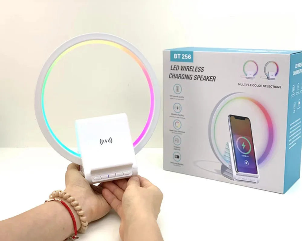 White smart Bluetooth speaker with wireless charging pad and ambience light, dimensions 225mm x 200mm