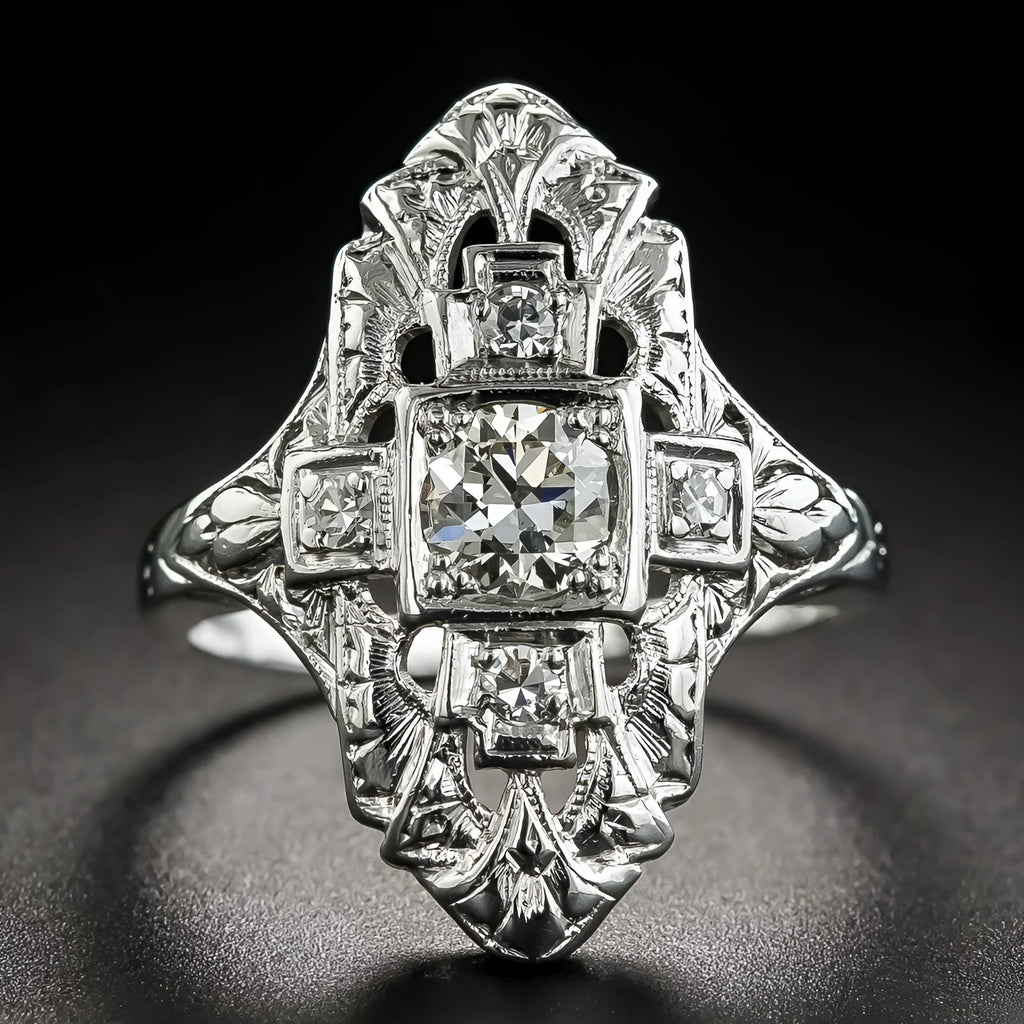 Copper electroplated silver ring with hollow cutout geometry design and diamond-studded details