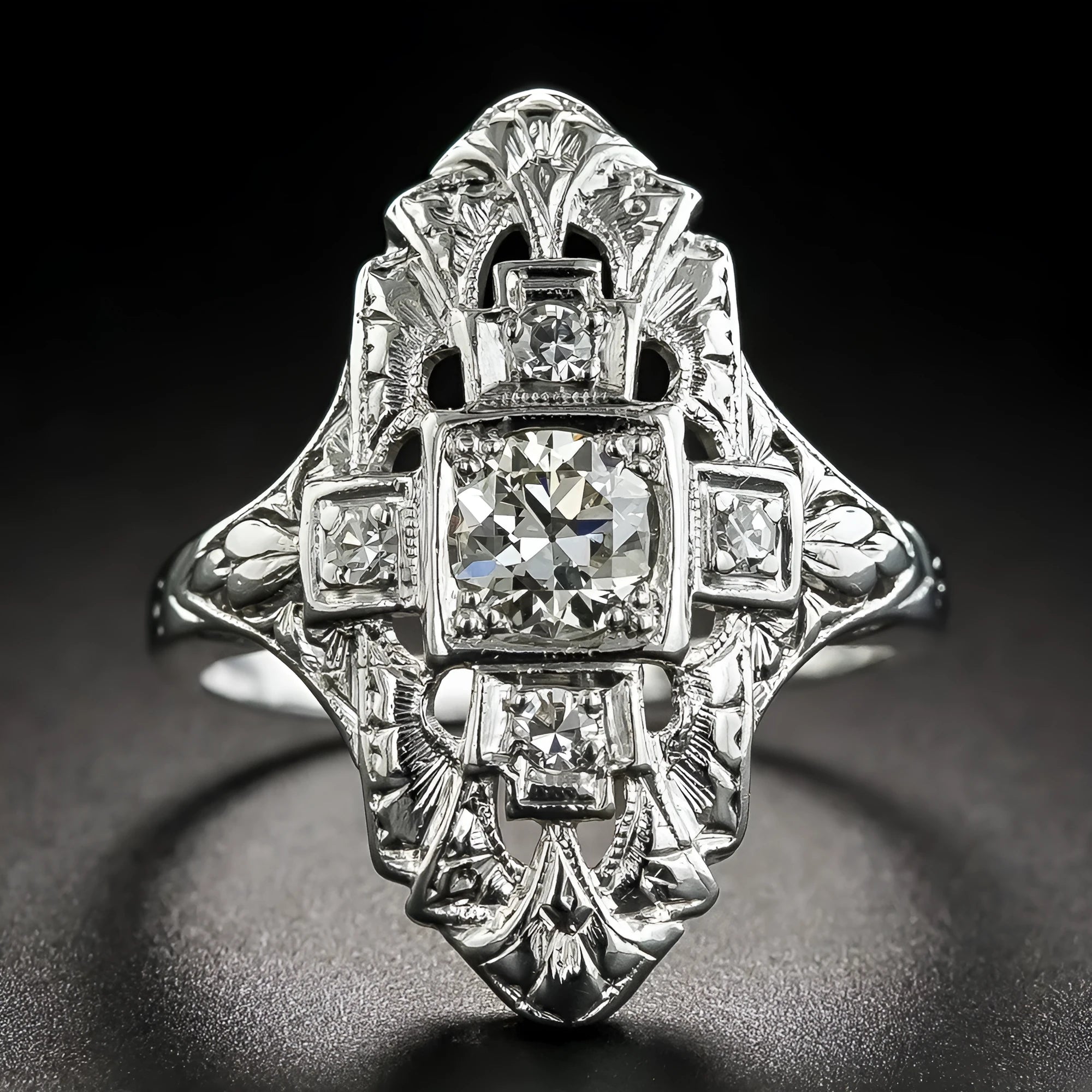 Copper electroplated silver ring with hollow cutout geometry design and diamond-studded details