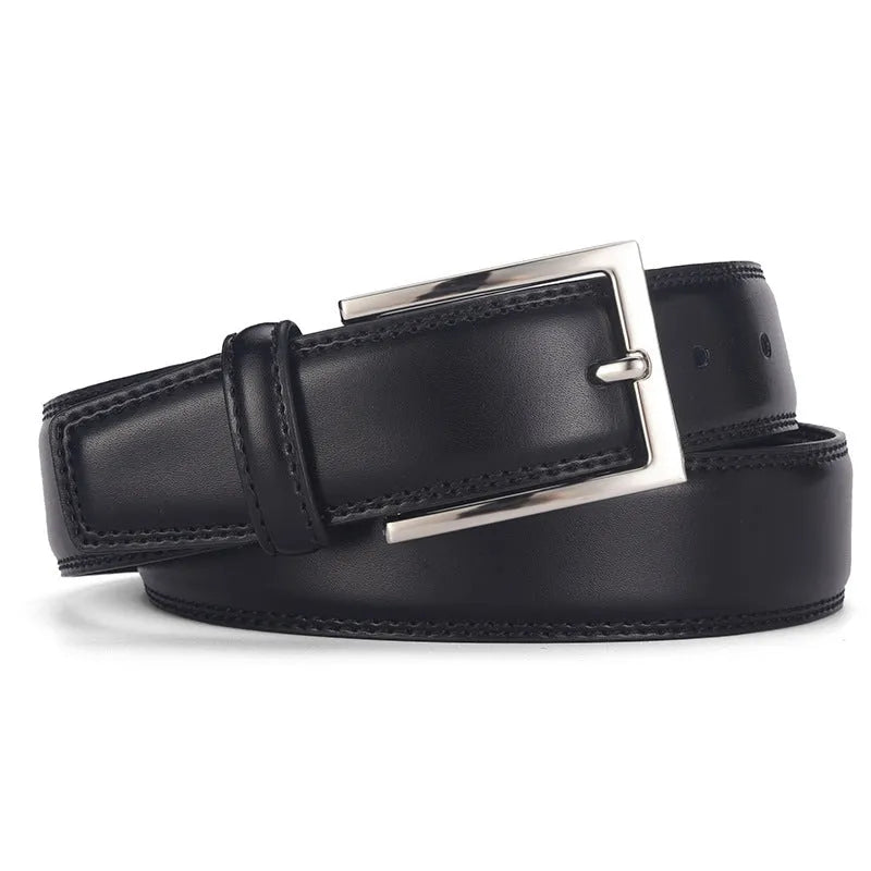 Men's black leather belt with an alloy pin buckle on a white background