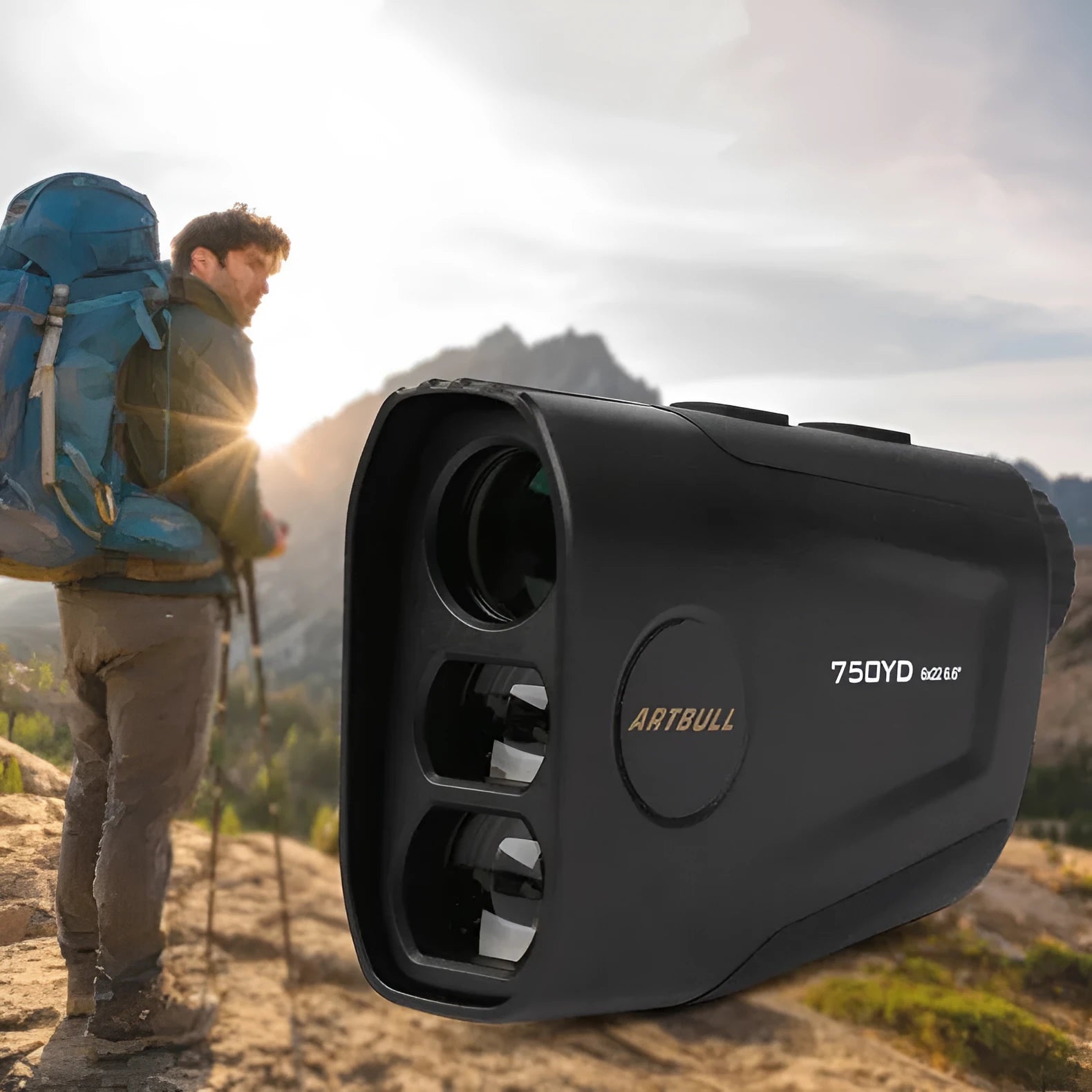 Golf laser rangefinder with LCD display showing distance measurement and flag lock indicator