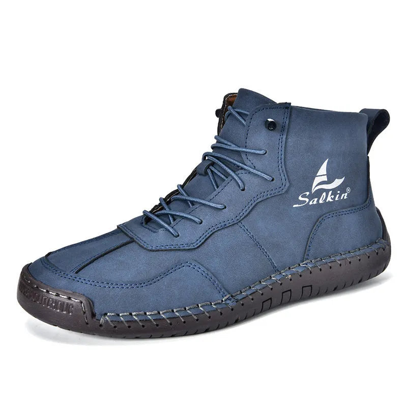 Men's beige retro high-top casual boots with elastic band and round toe on a non-slip rubber sole.