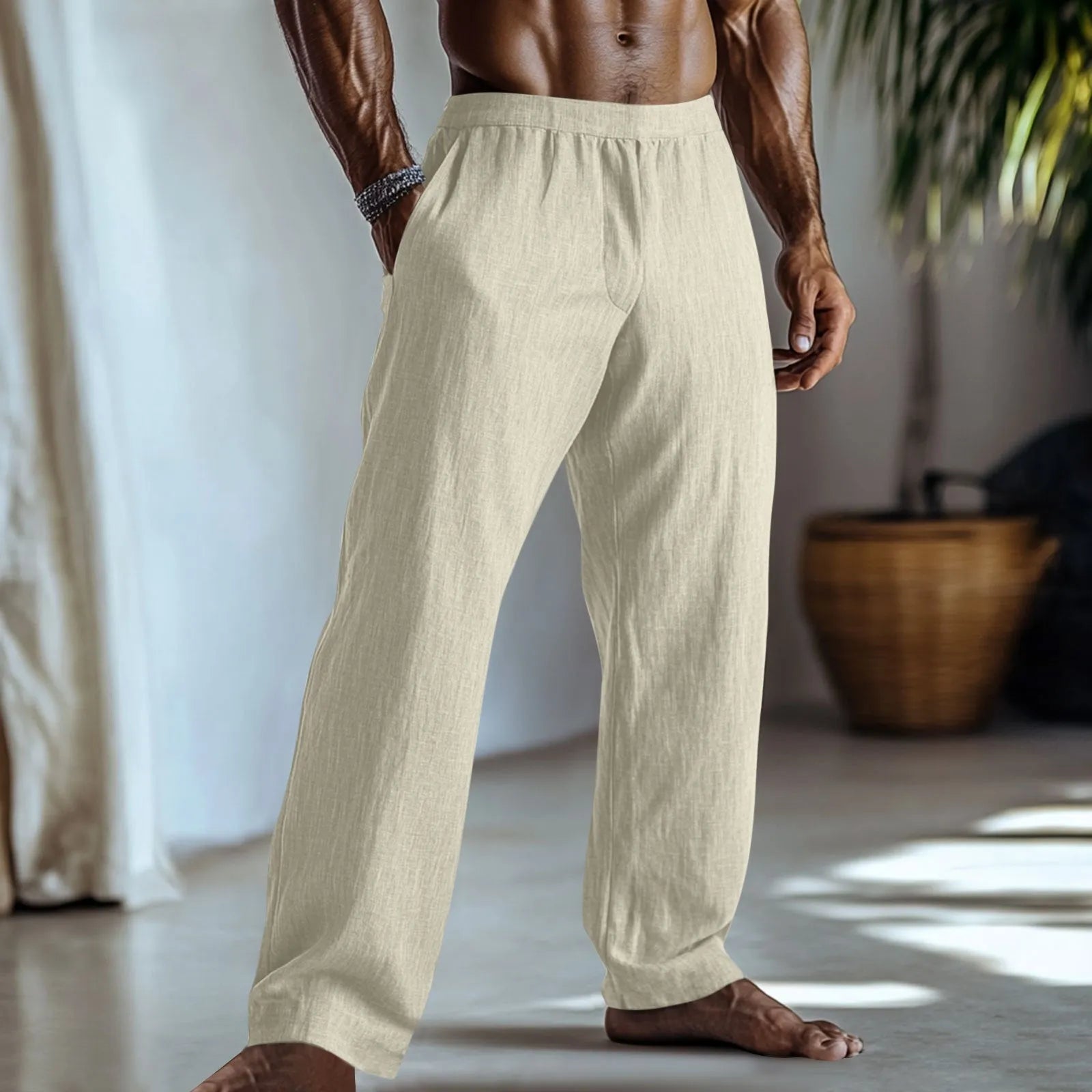 Cotton and linen straight leg casual trousers in light green colour with multiple pockets