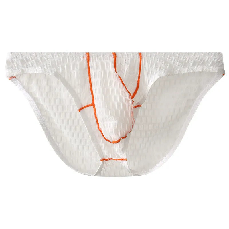 Men's low waist ice silk and lace briefs in rose red colour on a white background