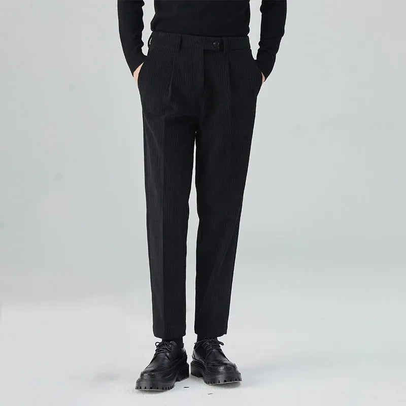 Men's straight-leg corduroy trousers in beige colour showing front view with mid-waist design