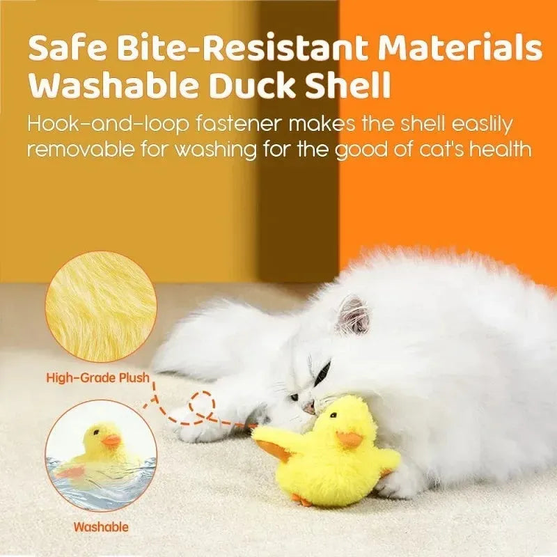 Yellow chick-shaped rechargeable cat plush toy with a removable cover and USB cable.