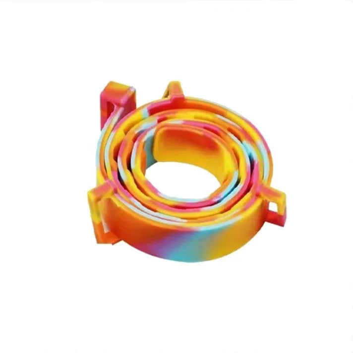 Rainbow plastic flea collar for pets showing 38cm cat size and 62cm dog size options