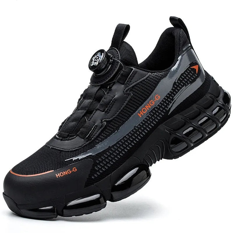 Lightweight black industrial safety shoes with steel toe cap and lace-up front