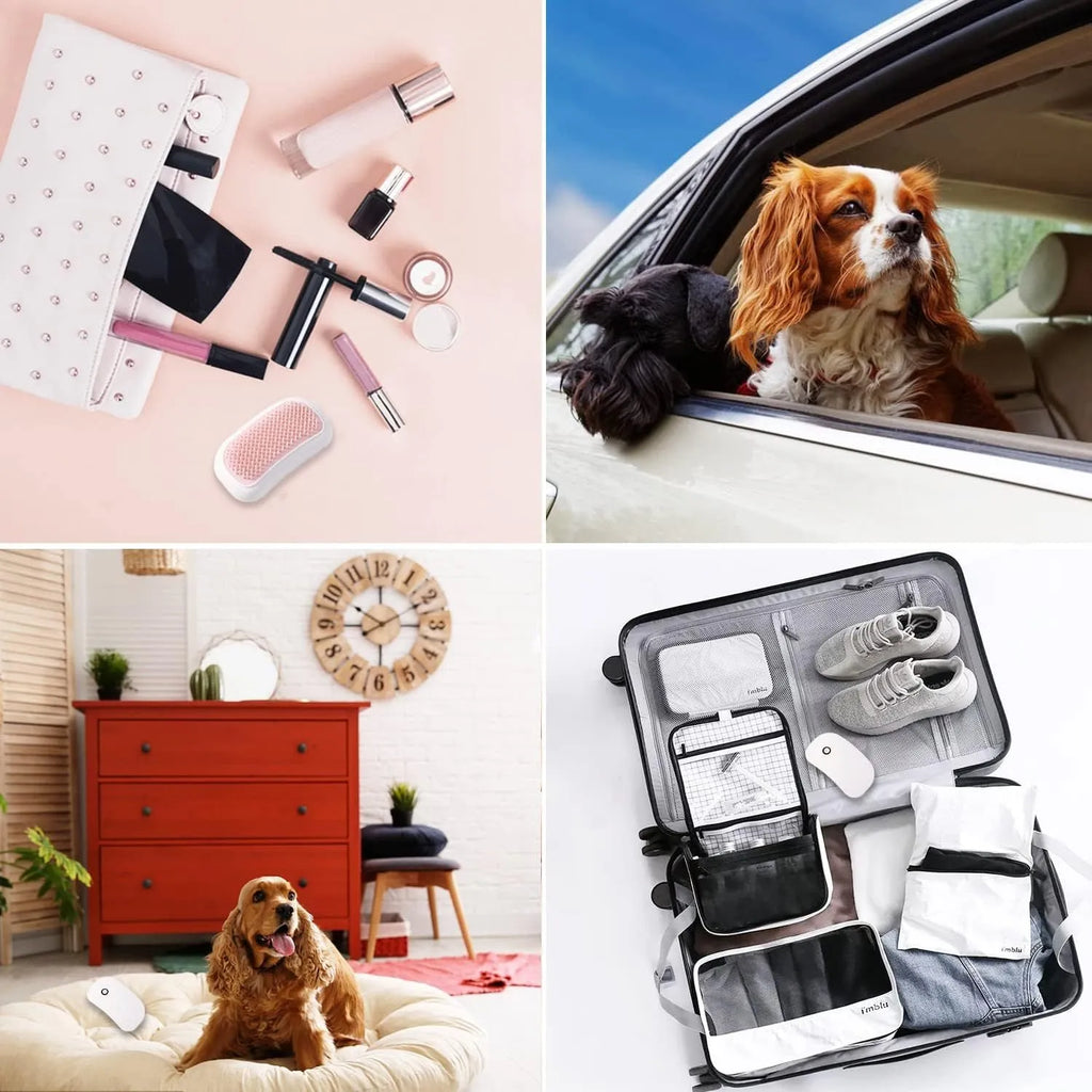 Pink handheld electric pet grooming brush with soft TPE teeth on a white background.