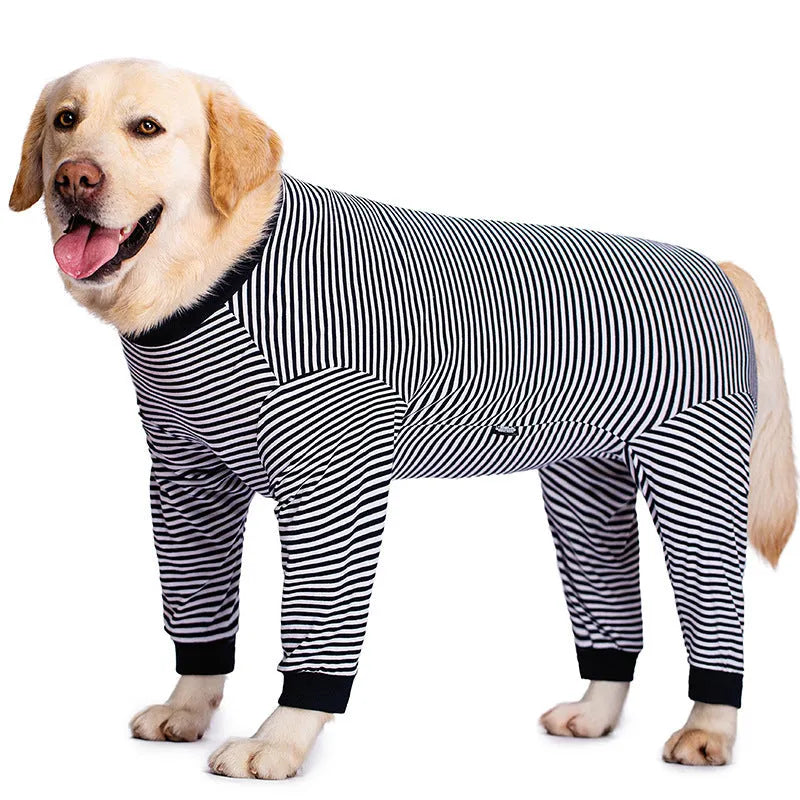 Four-legged striped dog shirt for golden retrievers and labradors in lightweight polyester material
