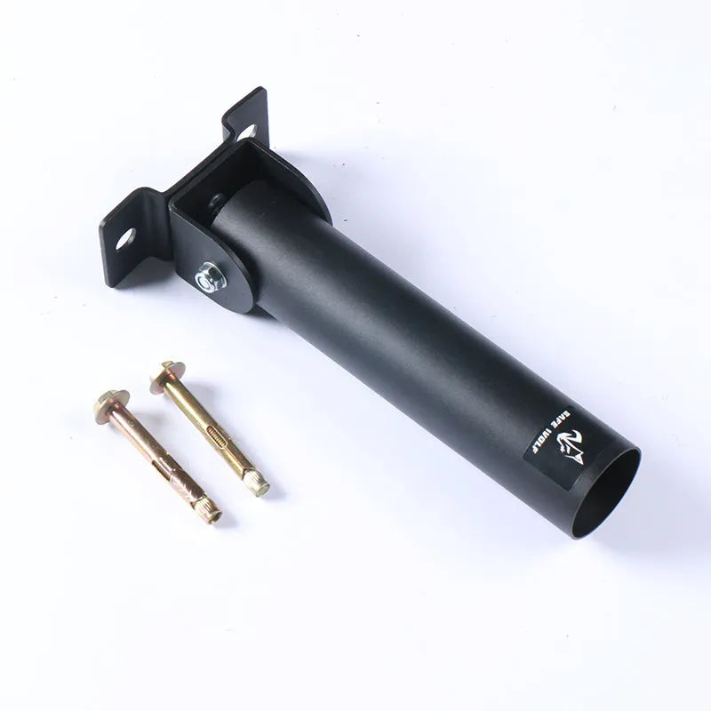 Steel wall-mounted barbell rack with 25 vertical tubes for shotgun barrel storage.