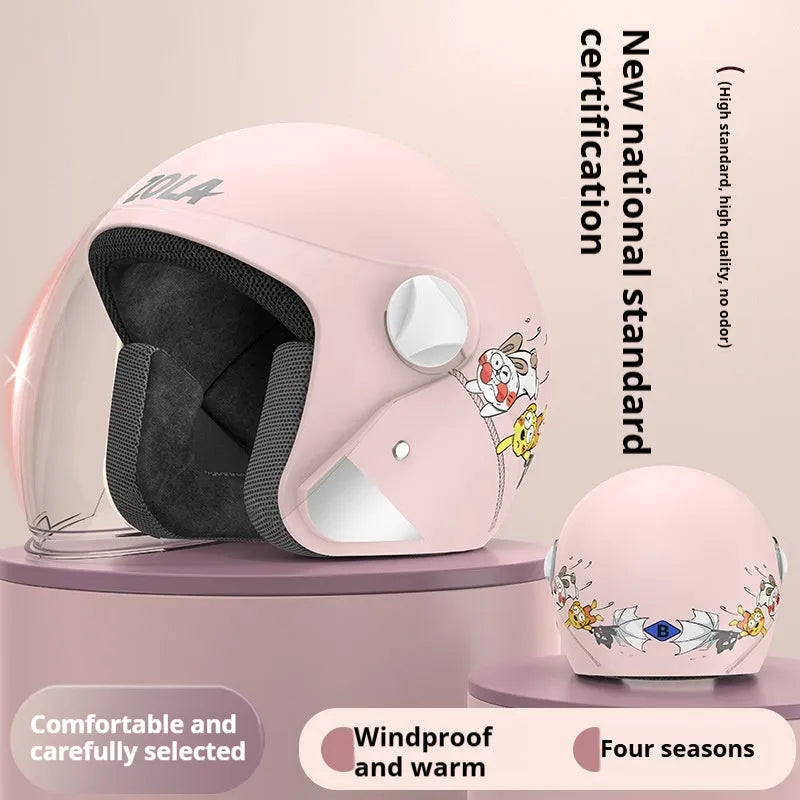 Blue winter electric bicycle helmet with anti-fog visor and attached neck scarf.