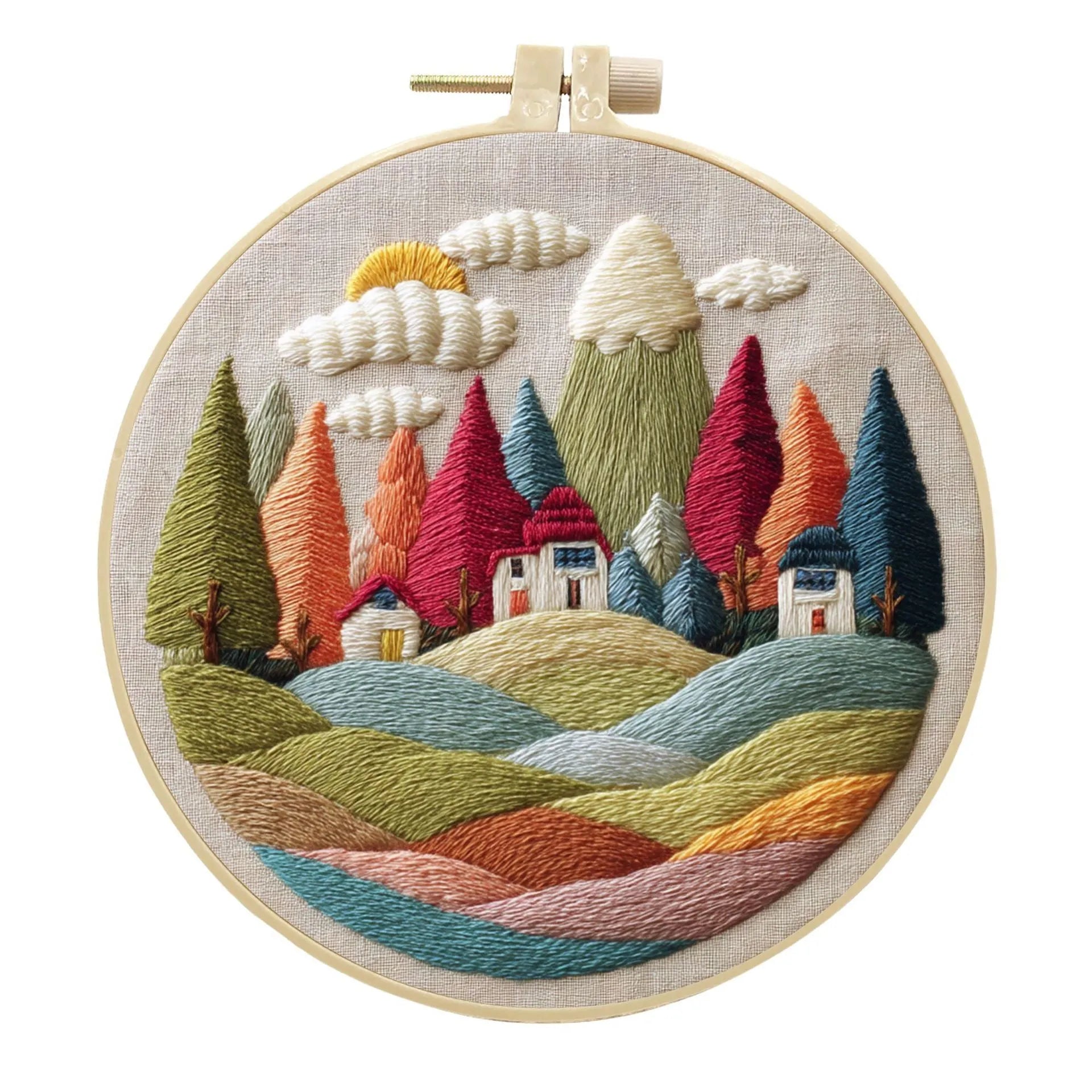 Embroidery kit with cotton fabric, bamboo frame, threads, and printed landscape design for DIY textile art