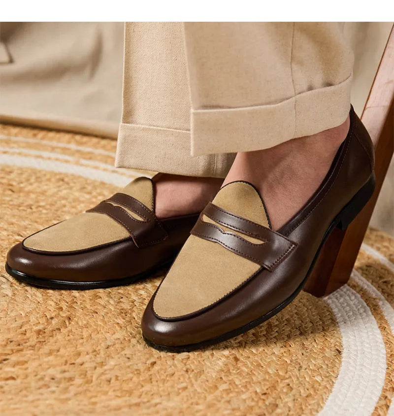 Coffee grey suede leather men's loafers with a slip-on kick closure and rubber sole.