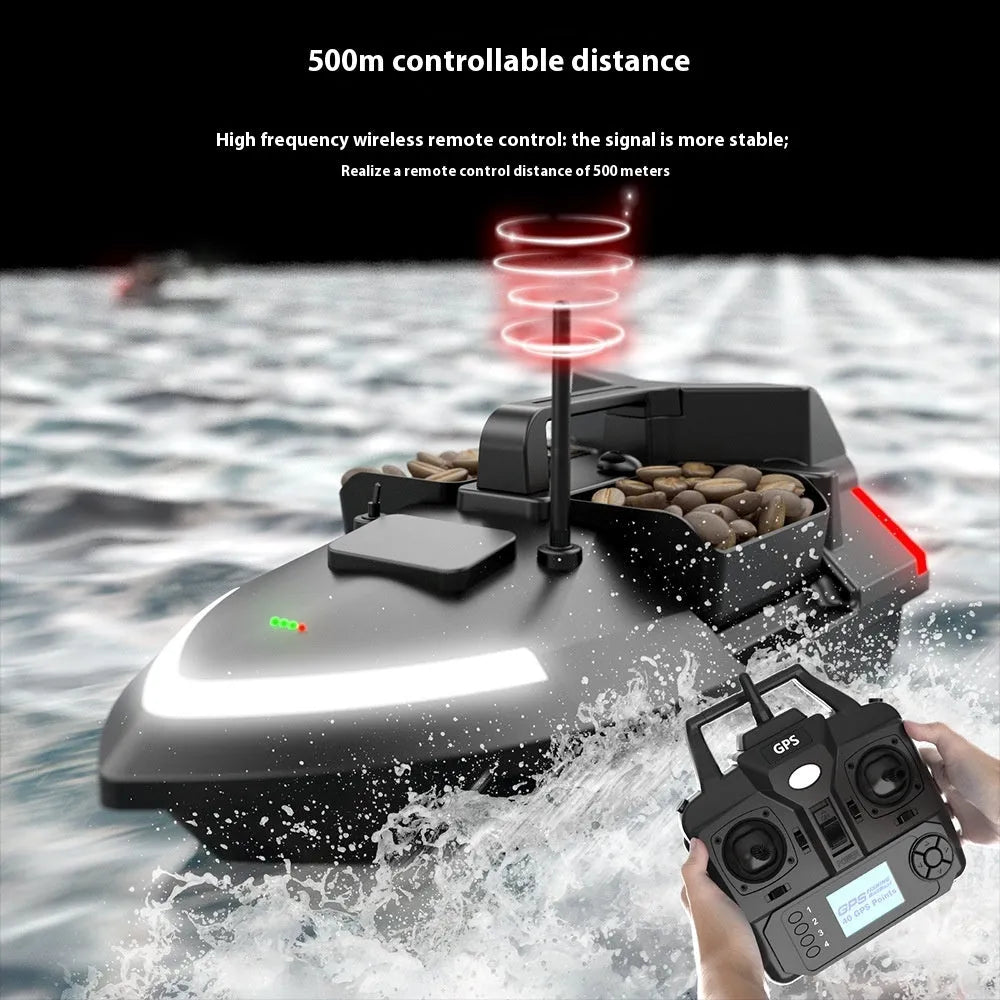 V020 GPS remote control fishing boat in luminous yellow with remote controller, showing LED light and drip bait function.