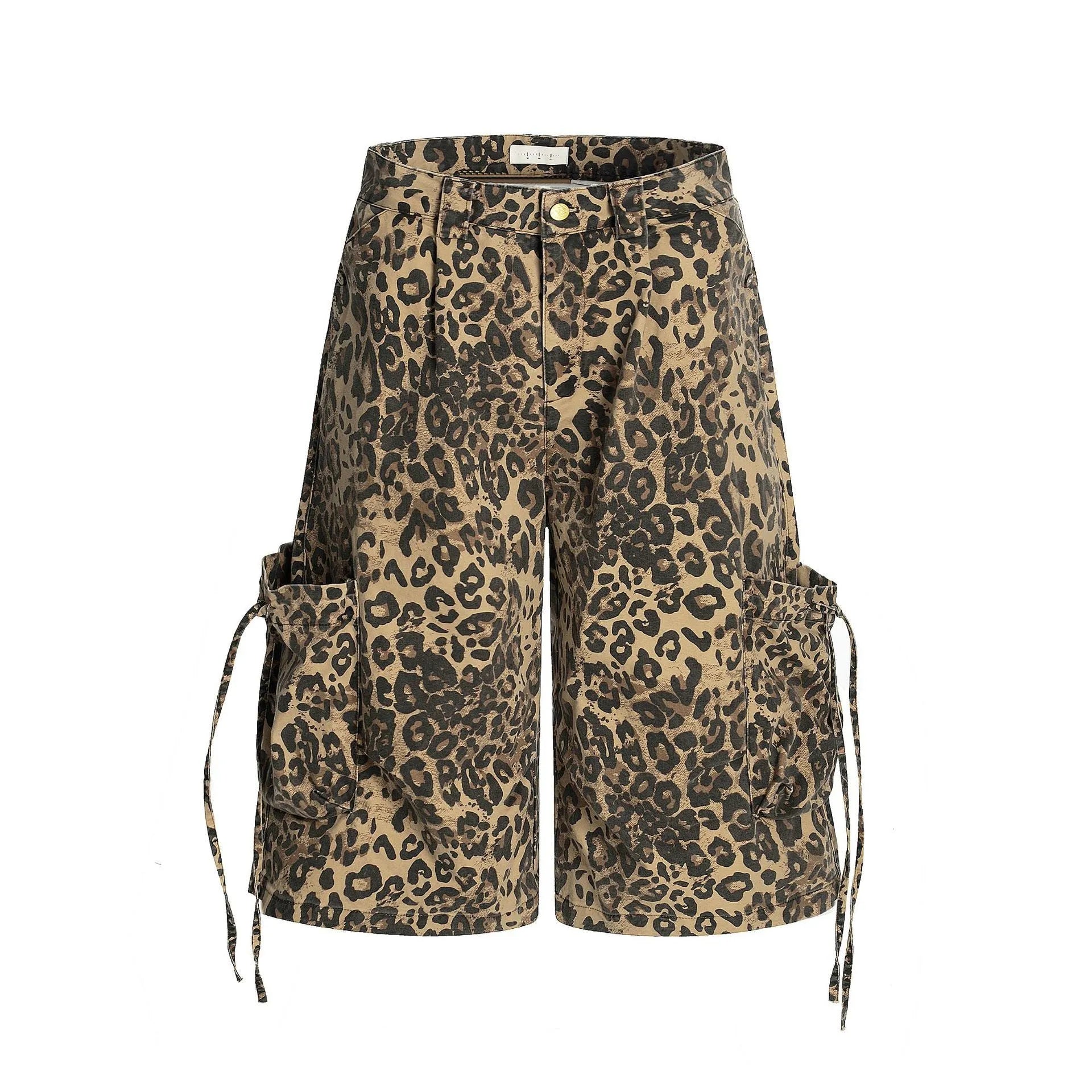 Leopard print cotton cropped pants with high waist and straight loose fit
