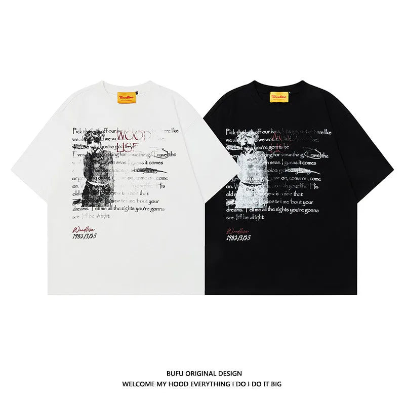 Men's black hip hop style loose fit cotton T-shirt with white printed letter design and raglan sleeves