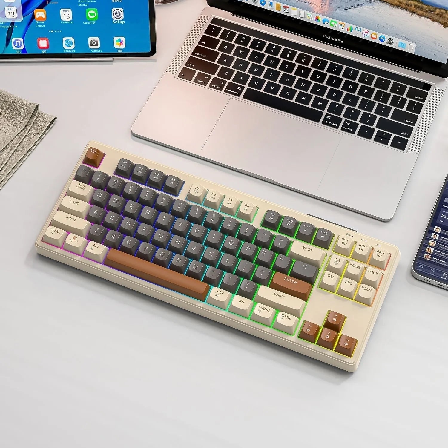Wireless Bluetooth dual-mode mechanical keyboard with 87 keys in blueberry colour showing hot-swappable switches