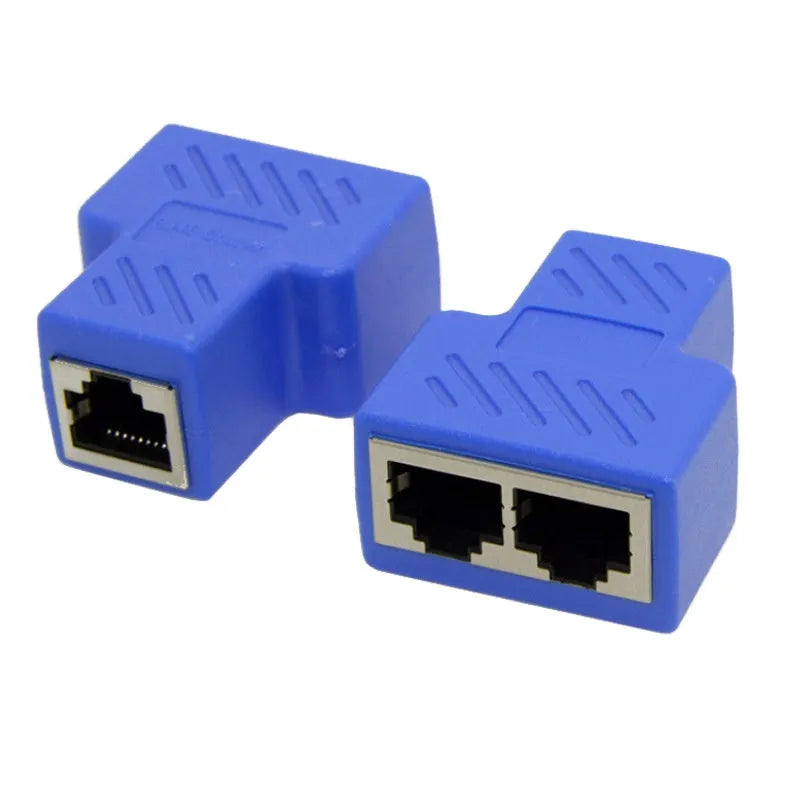 RJ45 network cable splitter adapter in multiple colours, showing one input and two output ports.