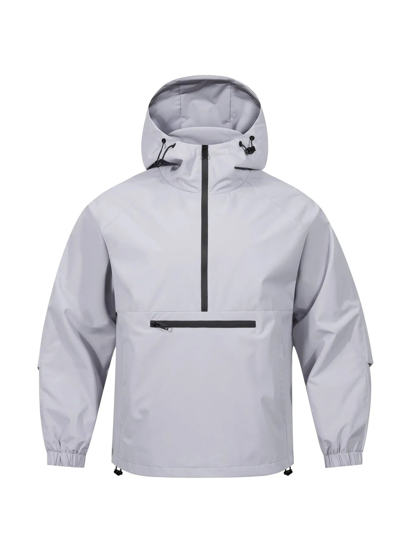 Men's loose grey corduroy half-zip hooded sweater jacket with rabbit fur fabric on a hanger