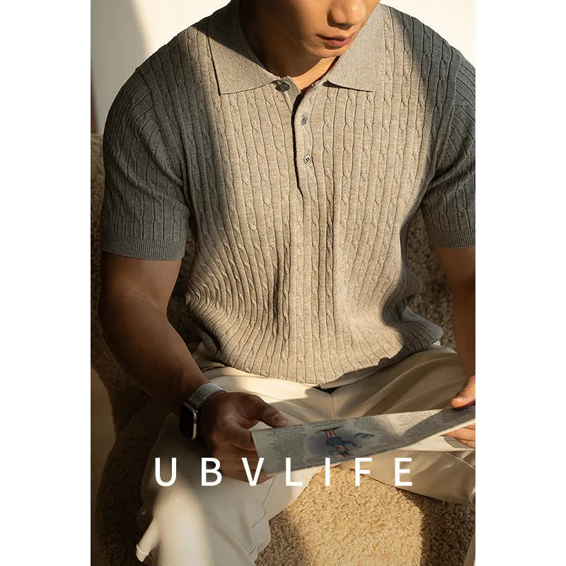 Men's khaki coloured short sleeve business top made from a polyester blend fabric.