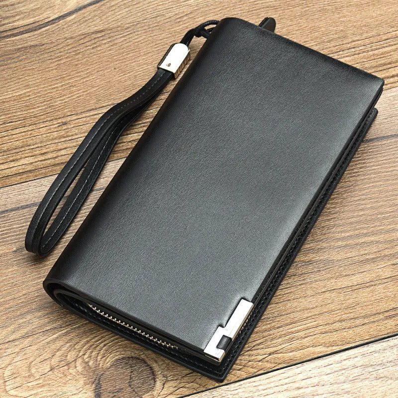 Men's long black PU leather wallet with zipper closure showing seven internal compartments
