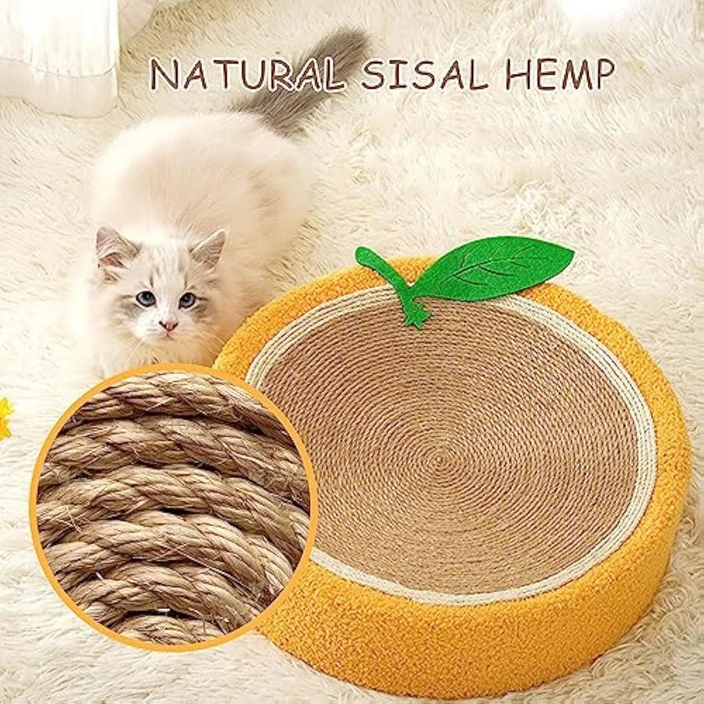Yellow fruit-shaped sisal cat scratching board with concave centre for sleeping