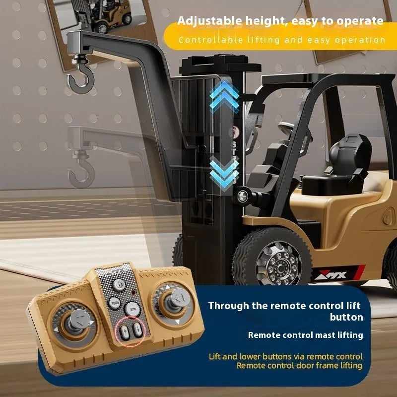 Bluetooth mini alloy forklift remote control toy with cargo hook and fork attachments on pallet
