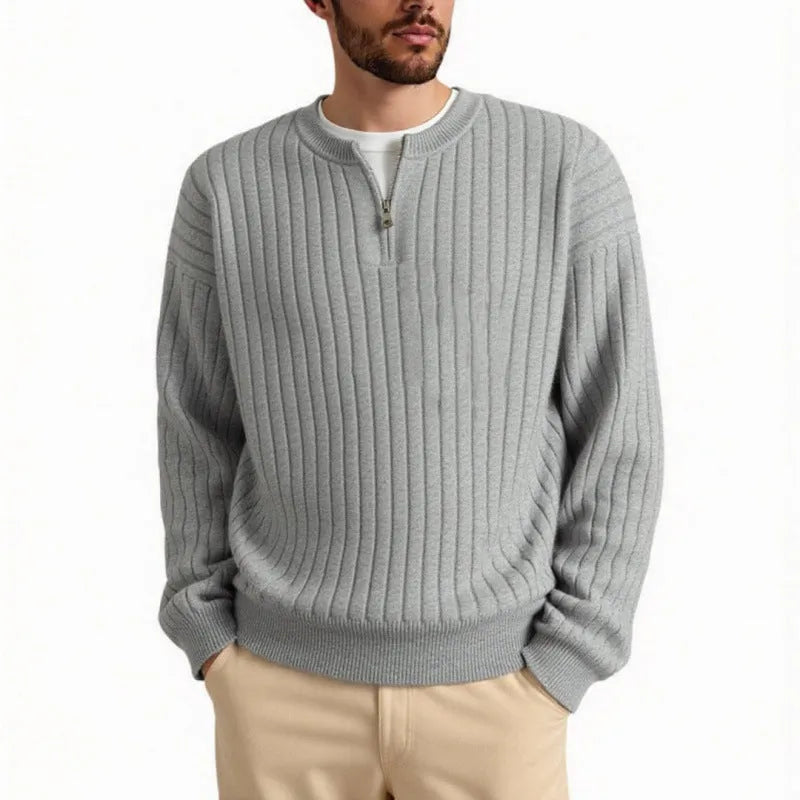 Men's grey loose fit half zip pullover sweater with textured knit and long sleeves