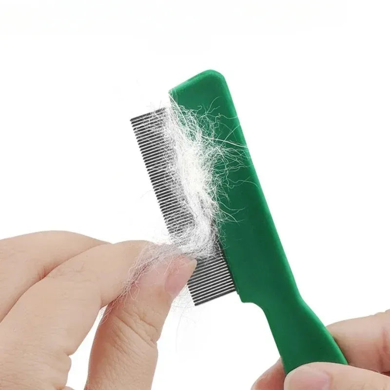 Green pet flea comb with stainless steel pins on plastic handle for dog and cat grooming
